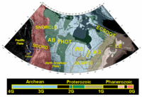 Map of Canada showing general tectonic age, and the location of Lithoprobe transects