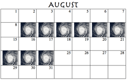 A calendar with hurricanes on dates
