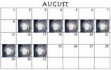 A calendar with hurricanes on dates