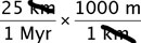 cancel units to convert km/year to m/year