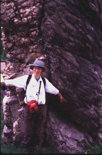 Carol Ormand in front of Van Hise Rock, Baraboo, WI