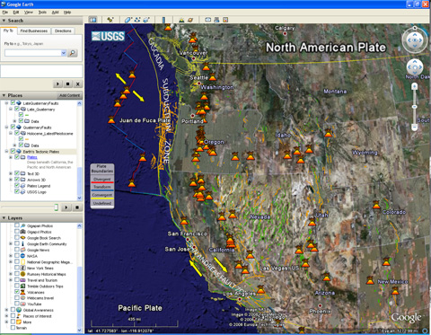 Google Earth with Plate Boundaries, Volcanoes, Faults