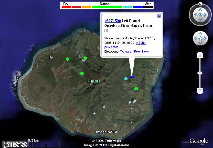Google Earth view of USGS Stream Gages on Kauai
